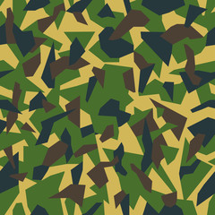 Geometric camouflage seamless pattern background. Classic khaki clothing style masking camo repeat print. Green and black colors forest texture. Vector.