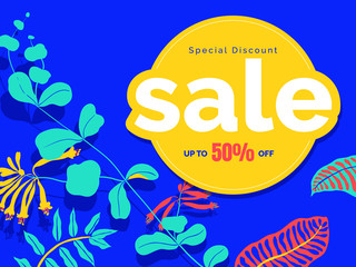 Botanical sale banner/background template design, trumpet honeysuckle on blue background, colorful vibrant tones