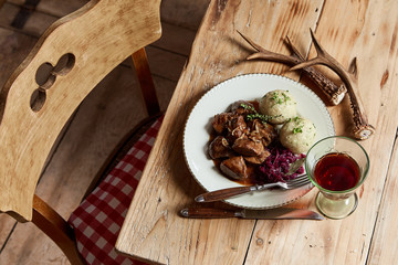 Plate of rich spicy wild venison goulash