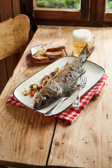 Whole oven roasted sea bass for a pub lunch