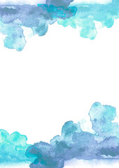 Watercolor card, greeting card of blue, abstract spot.  Splash, bright streaks of paint. Vintage postcard, business card, invitation. New Year card. Blue background