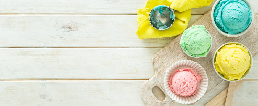 Pastel Ice Cream In White Bowls, Wood Background, Copy Space