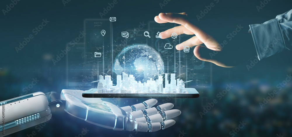 Poster cyborg hand holding smart city user interface with icon, stats and data 3d rendering