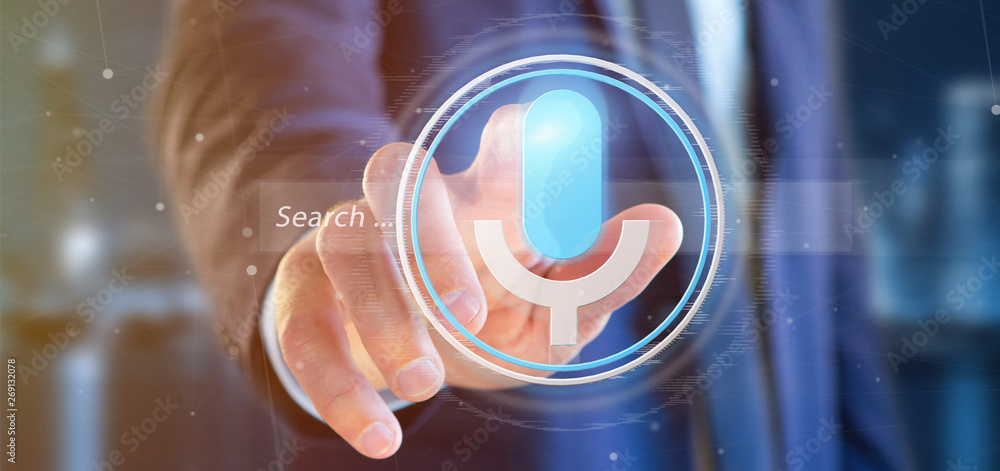 Poster businessman holding a vocal search system with button and icon3d rendering