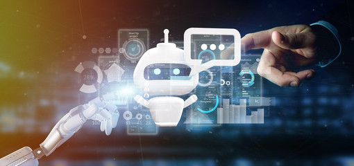 Cyborg hand holding Chatbot with binary code, message and data 3d rendering