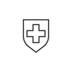 Obraz premium Safety shield with medical cross line icon. linear style sign for mobile concept and web design. Medical insurance outline vector icon. Healthcare symbol, logo illustration. Vector graphics