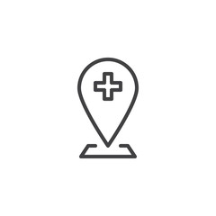 Obraz premium Hospital location pin line icon. Clinic placeholder linear style sign for mobile concept and web design. Map marker with medical cross outline vector icon. Symbol, logo illustration. Vector graphics