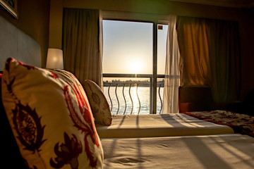 Luxor Egypt View on the Nile River out of a Cruise Boat Hotel window