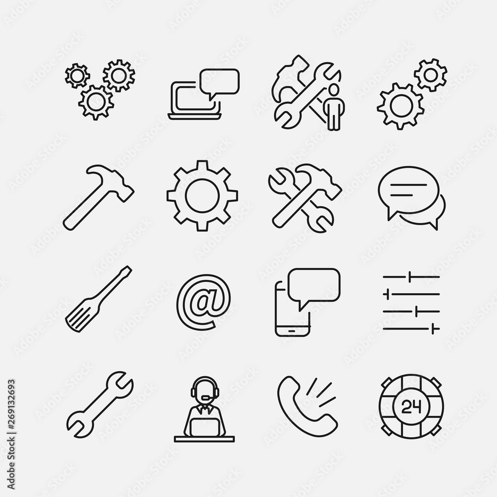 Poster simple collection of technical support related line icons.