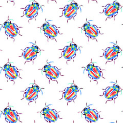 Beetles seamless pattern. Watercolor illustration. Design for fabric, textile.