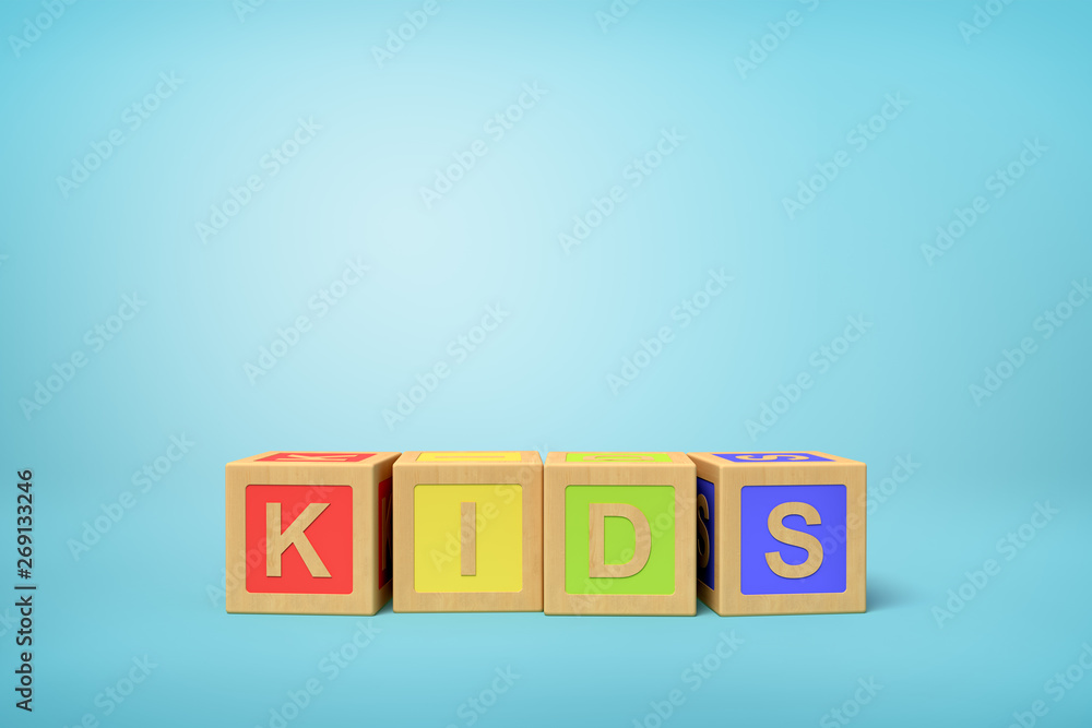 Poster 3d rendering of alphabet toy blocks on blue background.