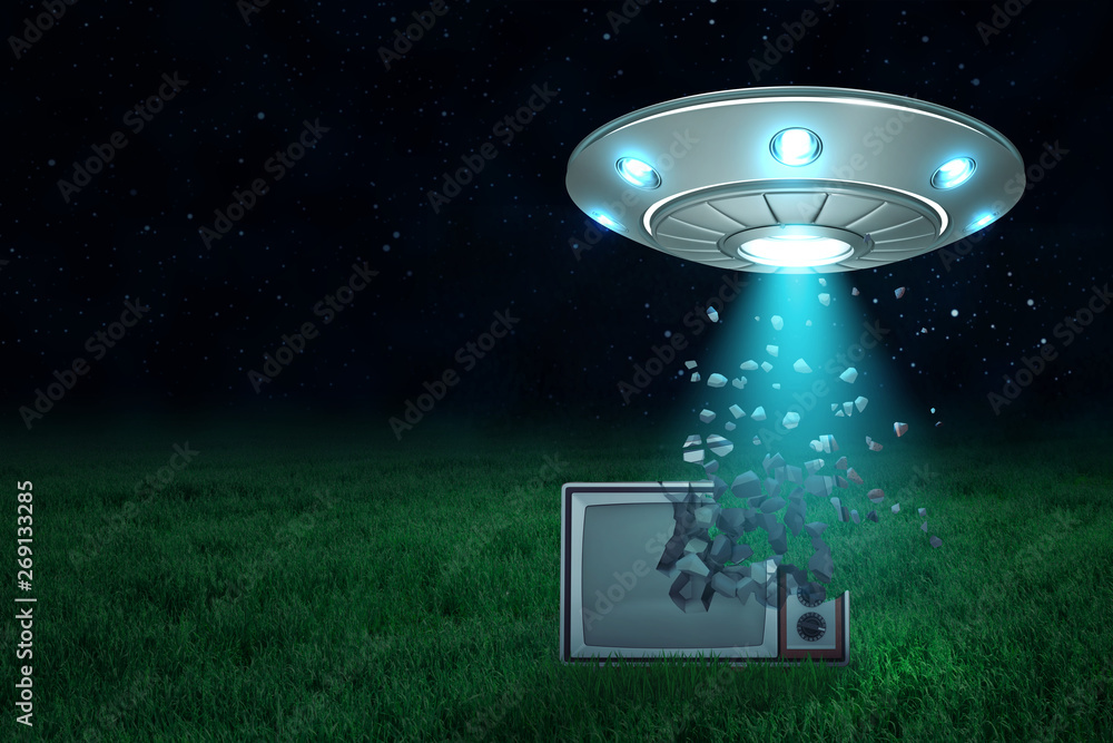 Poster 3d rendering of ufo in air at night with light coming out of its open hatch onto old tv set starting