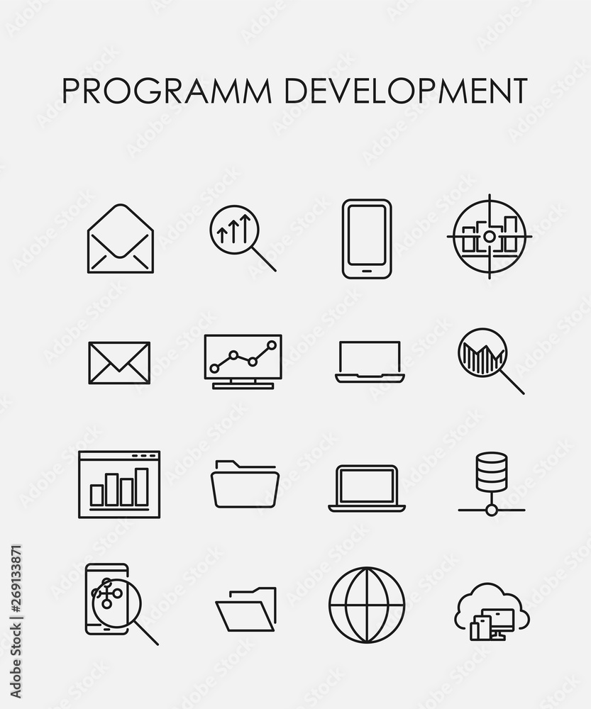 Poster simple collection of program development related line icons.