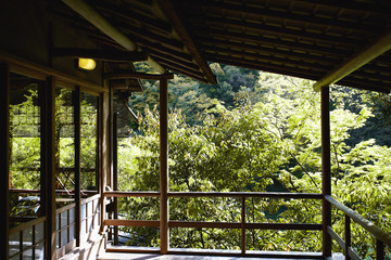 View of forest and maple trees from a wooden balcony of an old building in Kyoto, Japan
