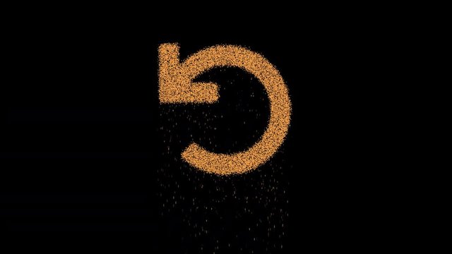 Symbol undo appears from crumbling sand. Then crumbles down. Alpha channel Premultiplied - Matted with color black