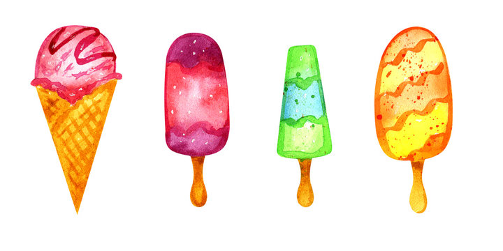 Ice cream on a white background. A set of watercolor ice cream.