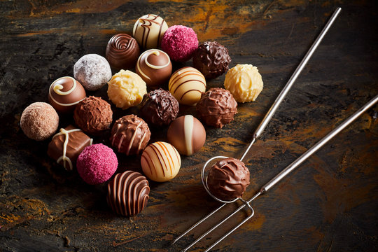 Handmade chocolate praline bonbon display