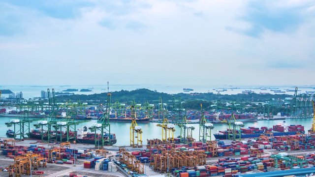 4K.Time lapse view of Deep water por twith Container Port container global Cargo ship and export commercial shipping freight travel business cargo at Singapore