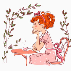 Beautiful girl drinking tea on the table. Cute child sitting on chair in garden. Tea time vector concept 