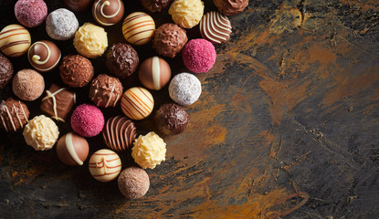Flat lay display of luxury handmade chocolates