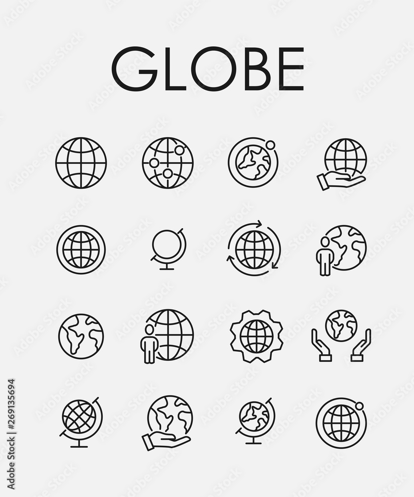Poster globe related vector icon set.