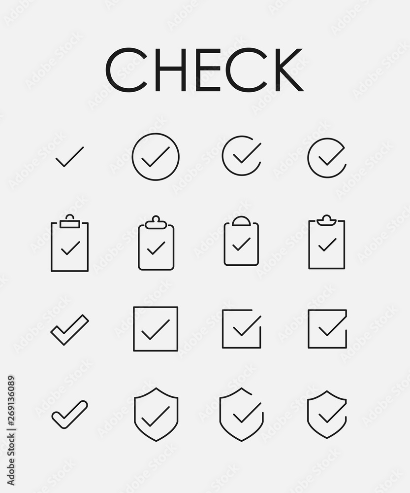 Poster check related vector icon set