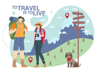 Young couple of tourists hiking with a backpack and camera, flat illustration concept