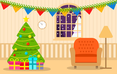Fototapeta na wymiar Christmas tree living room with gifts.Happy new year. Holiday scene winter Greeting card concept.Festive card.Gold garland and lights ball.Evergreen pine.Apartment full.Flat vector.