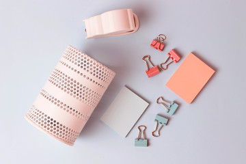 School and office stationery on blue background, top view