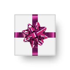 Gift box with bright, shiny bow and realistic falling shadow. Ready clipart object for decoration. Realistic vector element.