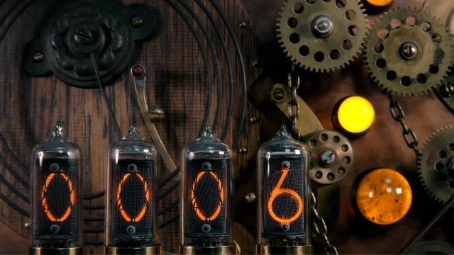 Steampunk device, counting numbers from 10 to 0 on gas-discharge lamps with rotating gears, in the old style