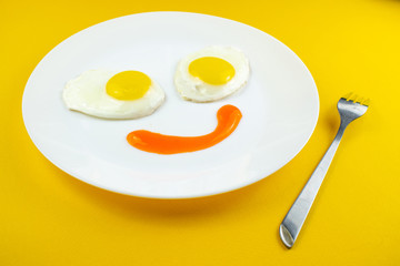 traditional breakfast of two fried eggs. Fun face from food. Plate with eggs on a yellow background. Concept image of breakfast, healthy eating.