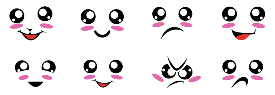 Vector Set Of Cute kawaii. Kawaii faces. Cartoon faces. Kawaii eyes. Vector graphics to design