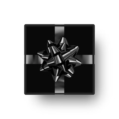 Beautiful square gift with lush black bow isolated on white background. Vector clipart gift box for design holiday decorations.