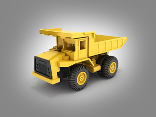 Yellow toy dump truck isolated on gray gradient background 3d render