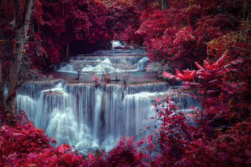 long exposure waterfall in the park and change the leaves color over red