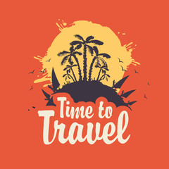 Vector tourist banner with sun, palm trees, surfers and calligraphic inscription Time to travel. Summer poster, flyer, invitation or card on the red background with abstract spots