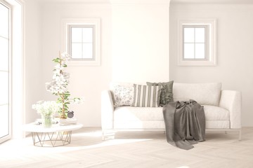 Stylish room in white color with sofa. Scandinavian interior design. 3D illustration