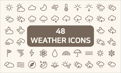 Set of 48  weather and weather cast Icons line style.  Contains such Icons as sunny, partly sunny, raining, snowing, cloudy, rainbow, weather forecast, rain And Other Elements. 