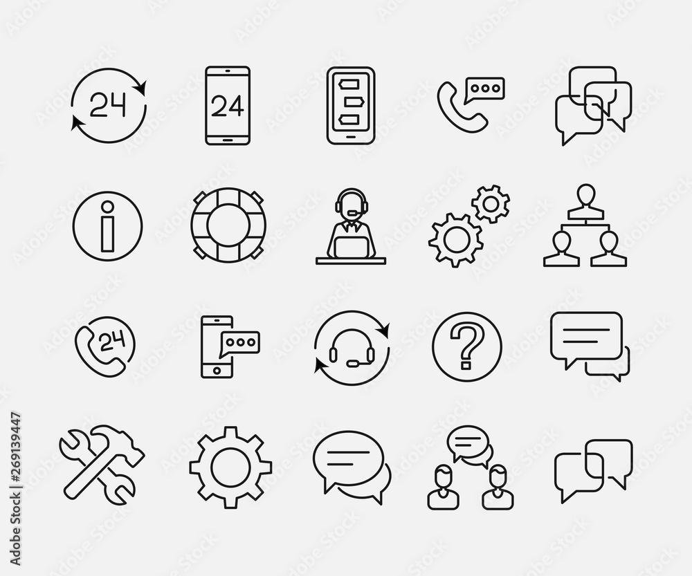 Poster simple collection of support service related line icons.
