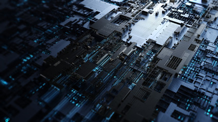 Printed circuit board futuristic server/Circuit board futuristic server code processing. Blue technology background with bokeh