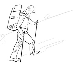 Single tourist with hiking sticks and backpack climbs uphill. Active lifestyle. Hand drawn sketch. Lines drawing. Isolated black contour. Vector illustration.