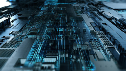 Printed circuit board futuristic server/Circuit board futuristic server code processing. Blue technology background with bokeh