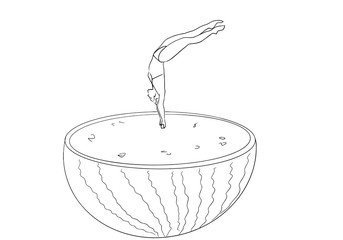 Young woman in bikini jumps into watermelon. Healthy food and lifestyle symbol. Fun drawing. Design element for fresh summer. Isolated black contour. Vector hand drawn outline.