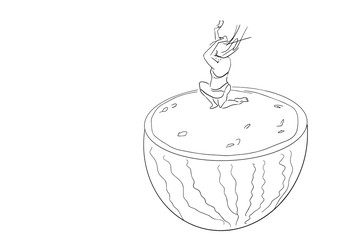 Young woman in bikini jumps into watermelon. Healthy food and lifestyle symbol. Fun drawing. Design element for fresh summer. Isolated black contour. Vector hand drawn outline.