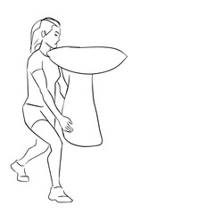 Young slim woman carries a mushroom. Healthy food and vegetarian symbol. Abstract fun drawing. Isolated hand drawn contour. Vector black outline.