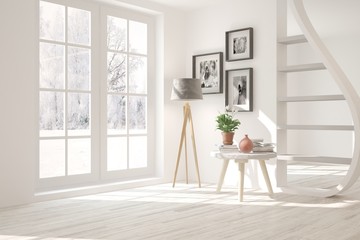 Mock up of empty room in white color with winter landscape in window. Scandinavian interior design. 3D illustration