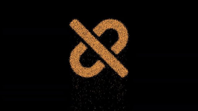 Symbol unlink appears from crumbling sand. Then crumbles down. Alpha channel Premultiplied - Matted with color black