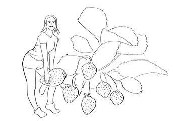 Young woman tears off a huge strawberry. Healthy food, vegetarian and diet symbol. Abstract fun drawing. Isolated hand drawn contour. Vector black outline.