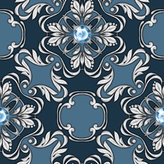 Seamless baroque pattern with gems and silver scrolls